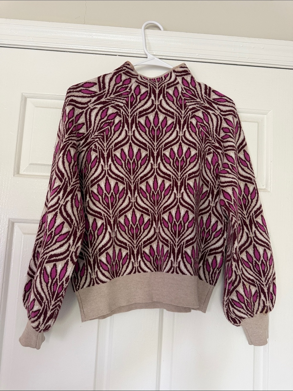 Anthropologie Beige Sweater with Pink Floral Jacquard - Picture 2 of 3